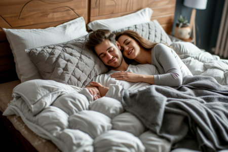 A Man and a Woman Laying in Bed Togetherの素材