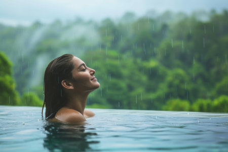 Woman in Pool With Trees in Backgroundの素材