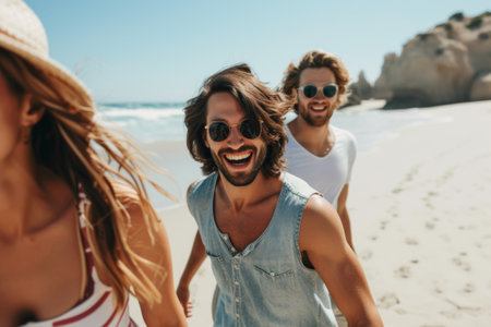 Two Men and a Woman Walking on the Beachの素材