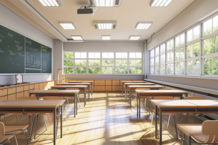 Empty Classroom With Desks and Chalkboard, A Simple Snapshot of a Quiet Learning Spaceの素材