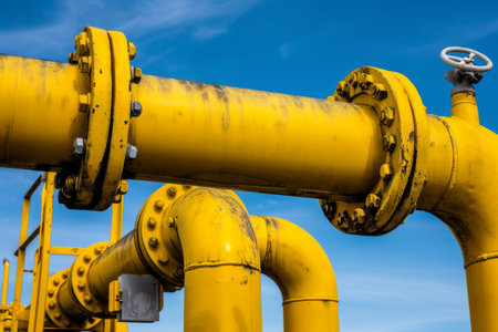 Yellow Pipe Against Blue Sky, Industrial Infrastructure in a Natural Landscapeの素材