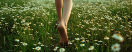 A Woman Walking Through a Field of Flowersの素材