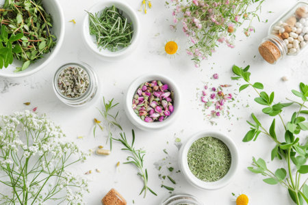 Assorted Herbs in Small White Bowls for Culinary Useの素材