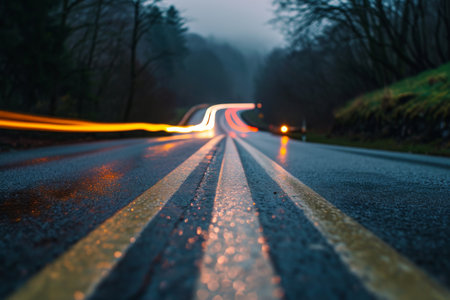 Blurry Photo of Car Driving Down Road, Dynamic Motion Blur Illustrating Speed and Movementの素材