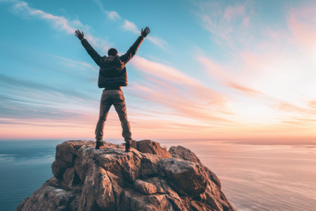 Man Standing Triumphantly on Mountain Summit, Arms Raised in Celebrationの素材