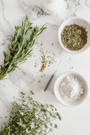 Assorted Herbs and Powders on a Marble Counter Topの素材