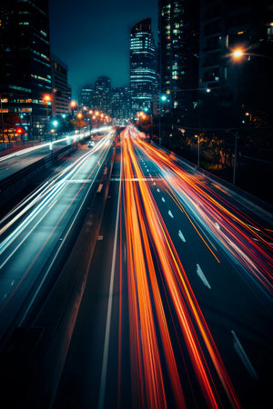 Nighttime City Street Filled With Heavy Trafficの素材
