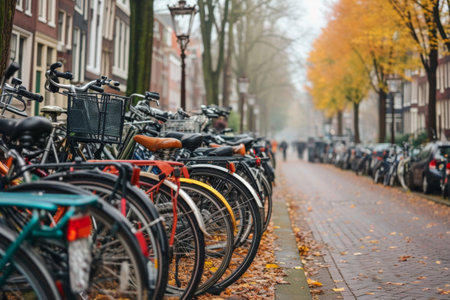 Row of Bicycles Parked Alongside Streetの素材