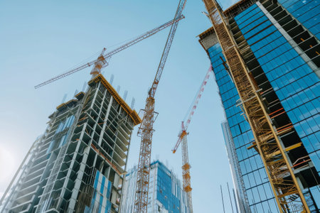 Group of Cranes Standing Next to Tall Buildingsの素材