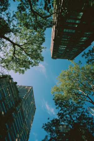 View of Tall Forest Buildings Amongst the Trees, Scenic Cityscape in Natureの素材