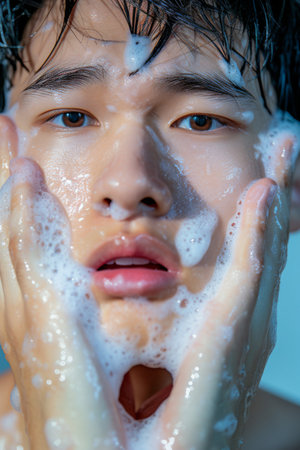 Young Man Covered in Foam, Hands on Faceの素材