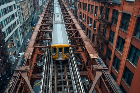 A Yellow Train Traveling Down Tracks Next to Tall Buildingsの素材