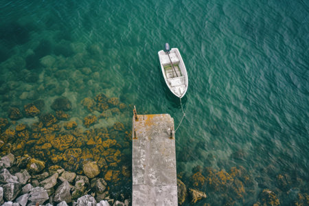 Small Boat Floating Near Dock in Body of Waterの素材