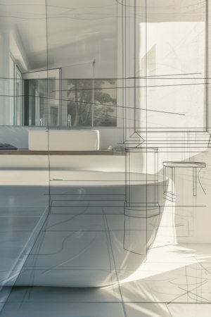Drawing of a Bathroom With Sink and Mirrorの素材