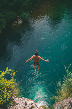 Man Jumping Into River From Cliff, Thrilling High Dive Moment Capturedの素材
