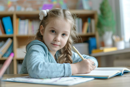 Little Girl Sitting at Table With Pencil in Hand, Learning and Creatingの素材