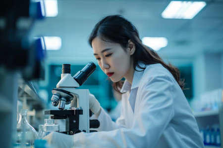 Woman in Lab Coat Observing Microscope Slide for Scientific Researchの素材