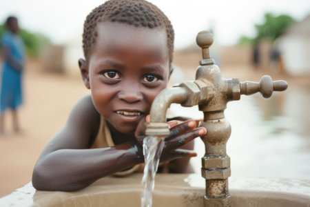 Young Boy Drinking Water From a Faucetの素材