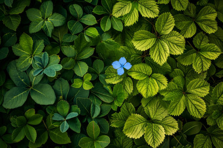 Blue Flower Surrounded by Green Leaves in Serene Garden Settingの素材