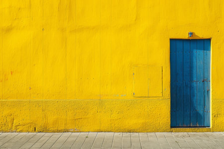 Yellow Building With Blue Door and Brick Sidewalk in City Centerの素材