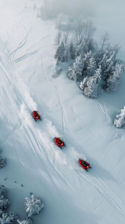 Group of People Riding Snowmobiles Down a Snow Covered Slopeの素材