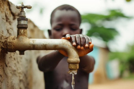 Young Boy Drinking Water From Faucetの素材