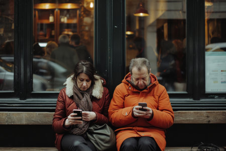 Two People Sitting on a Bench Looking at Their Cell Phonesの素材