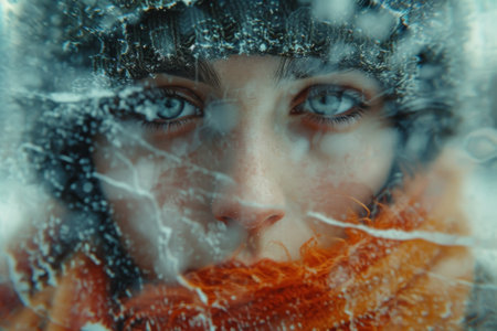 Woman Looking Through Window With Snow on Her Faceの素材