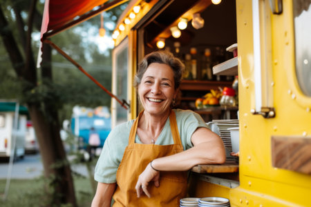 Smiling Woman Leaning on a Food Truckの素材