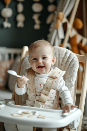 Baby Sitting in High Chair, Holding Spoon, Eatingの素材