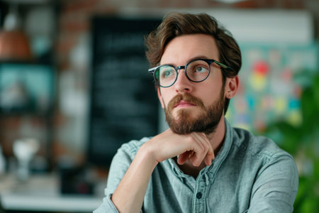 Man With Beard and Glasses Sitting at Tableの素材