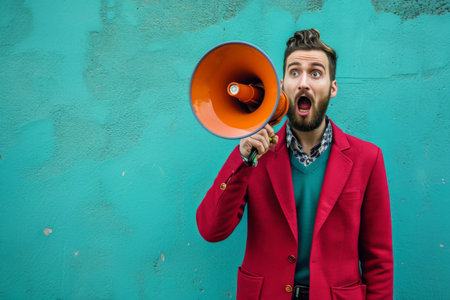 Man in Red Jacket Holding Red and Orange Megaphone - Leadership and Communication Conceptの素材