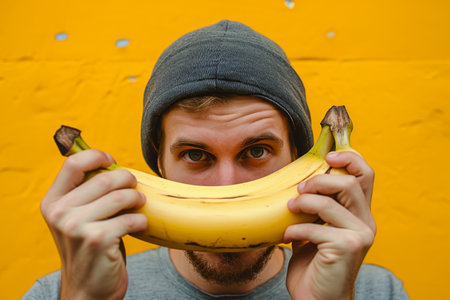 Man Holding Banana in Front of Face, Playful and Funny Fruit Face Maskの素材