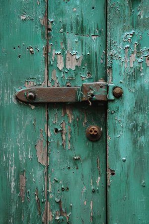 Close-Up of Green Door With Rusted Handleの素材