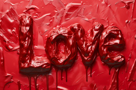 A horizontal photo featuring a creative and artistic concept of a red wall with the word love painted on it.の素材