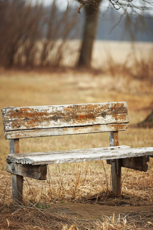 Wooden Bench in Field Next to Tree, Nature Landscape Photographyの素材