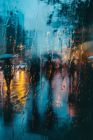 Painting of People Walking in the Rain With Umbrellasの素材