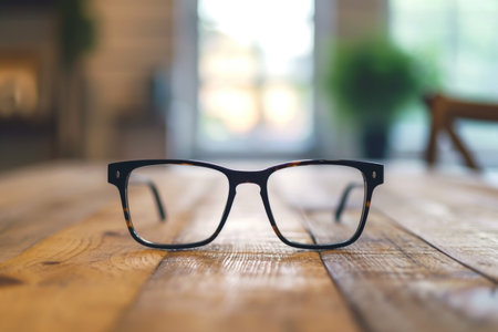 Glasses Resting on Wooden Table - Stylish Eyewear for Everyday Useの素材