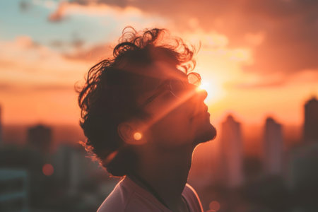 Young asian woman with sun flare in the city at sunset.の素材