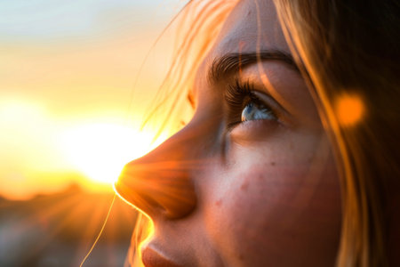 Close Up of Woman's Face With Sun in Backgroundの素材