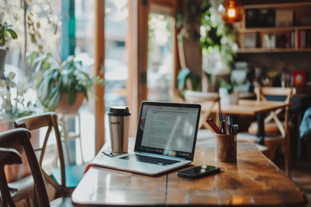 Laptop Computer on Wooden Table for Productivity and Workの素材