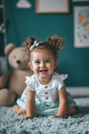 Little Girl Sitting on Floor With Teddy Bear, Childhood Innocence, Comforting Companionshipの素材