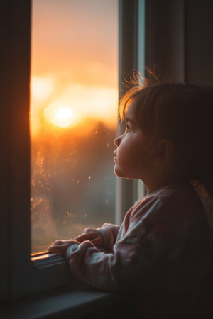 Little Girl Observing the Sunset Through a Windowの素材