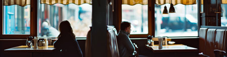 Two People Sitting at a Table in a Restaurantの素材