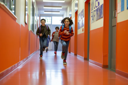 Group of Kids Running Down a Hallwayの素材