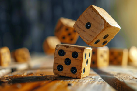 Close Up of Two Wooden Dice on Table, Game of Chance and Strategyの素材