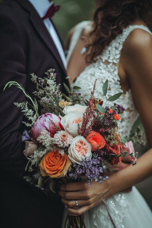 Bride and Groom Holding Beautiful Bouquet of Flowers on Wedding Dayの素材