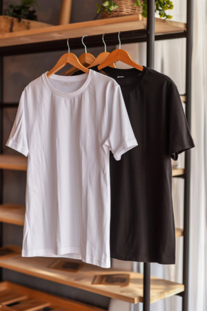 Two T-Shirts Hanging on a Clothes Rackの素材