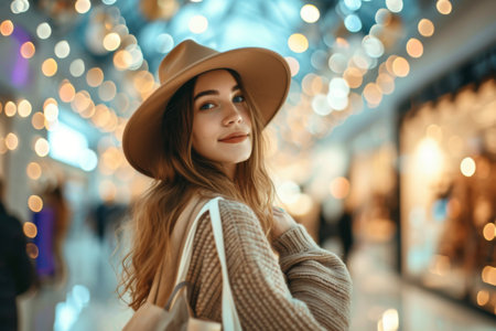 Woman Wearing Brown Hat Holding White Bagの素材