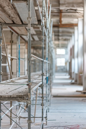 A Row of Metal Scaffolding in a Buildingの素材